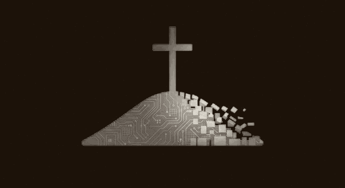 Tech Freedom Ministries — a cross rising from a dissolving circuit board hill